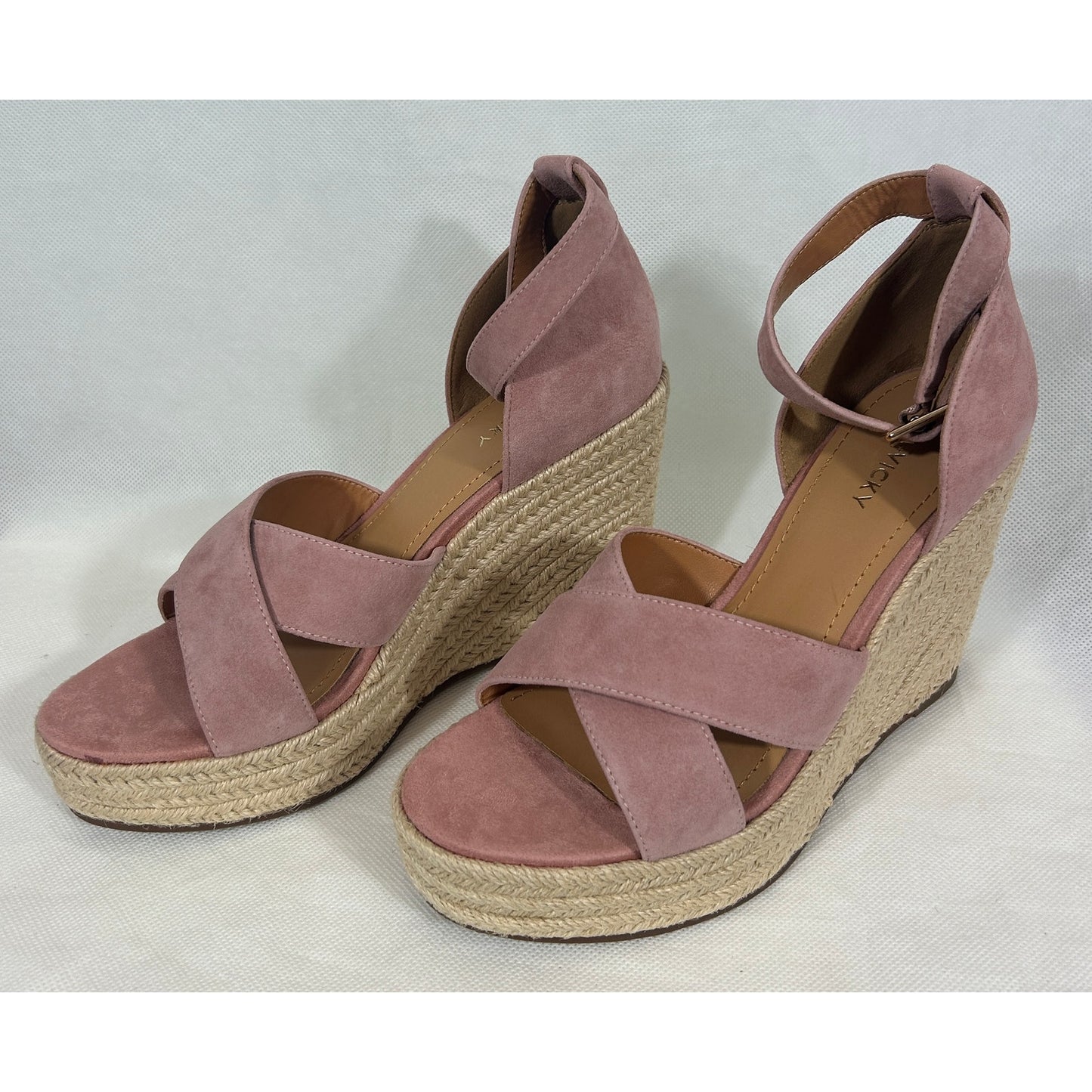 Lisa • Vicky Pink Suede Espadrille Wedges 9 M – High Platform Ankle Strap | NIB