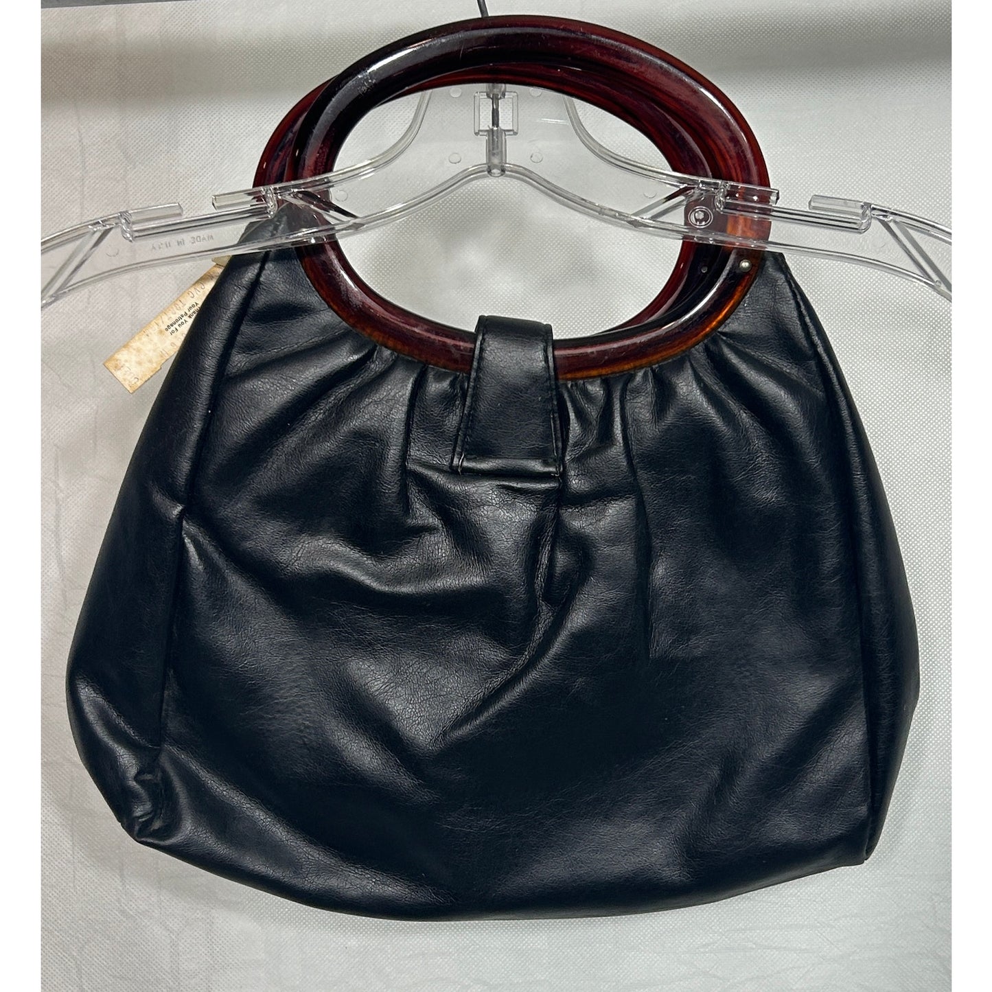 Vintage Black PVC Handbag with Tortoise Shell Handles 13.5"x15"