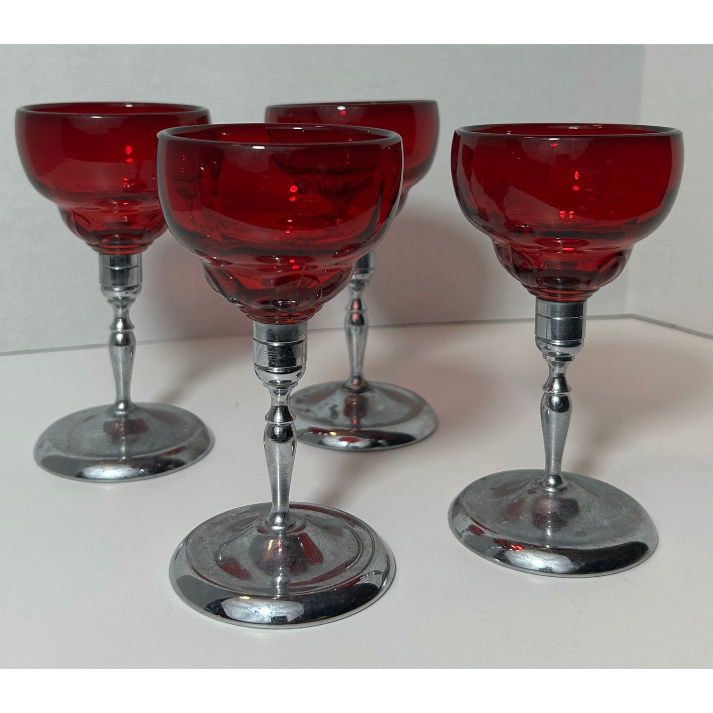 Vintage Ruby Red Cordial Glasses with Silver Metal Stems – Set of 4, 5.25"
