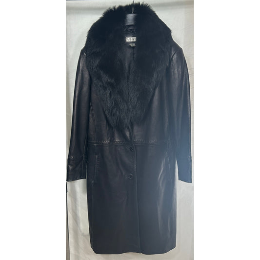 Preston & York Black Lambskin Leather Coat w/ Genuine Fox Fur Collar XL