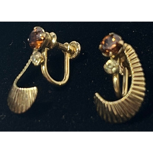Vintage Van Dell Gold-Tone Screw Back Earrings with Amber Rhinestones