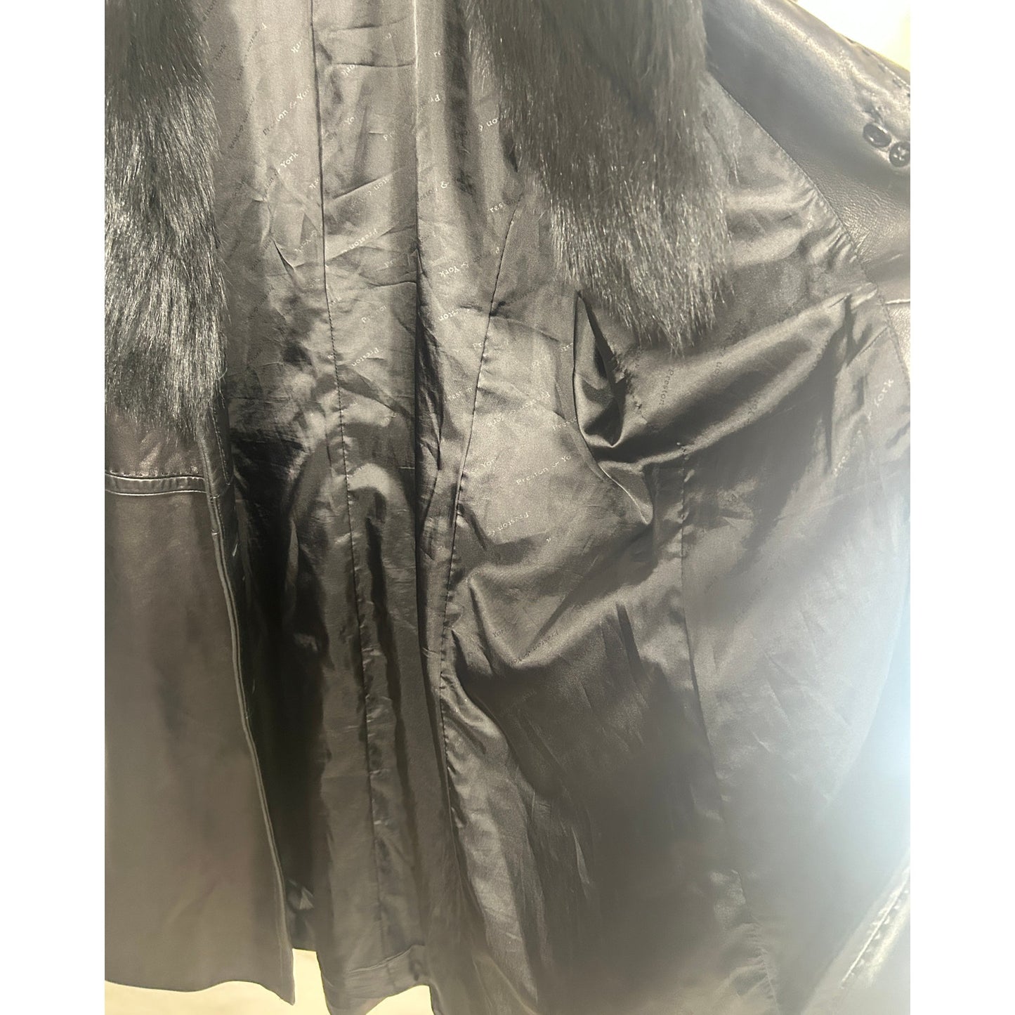 Preston & York Black Lambskin Leather Coat w/ Genuine Fox Fur Collar XL