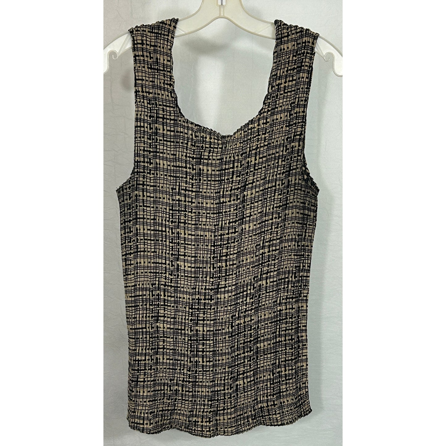 Vintage 90s Crinkle Textured Black Beige Abstract Print Tank Top 2X