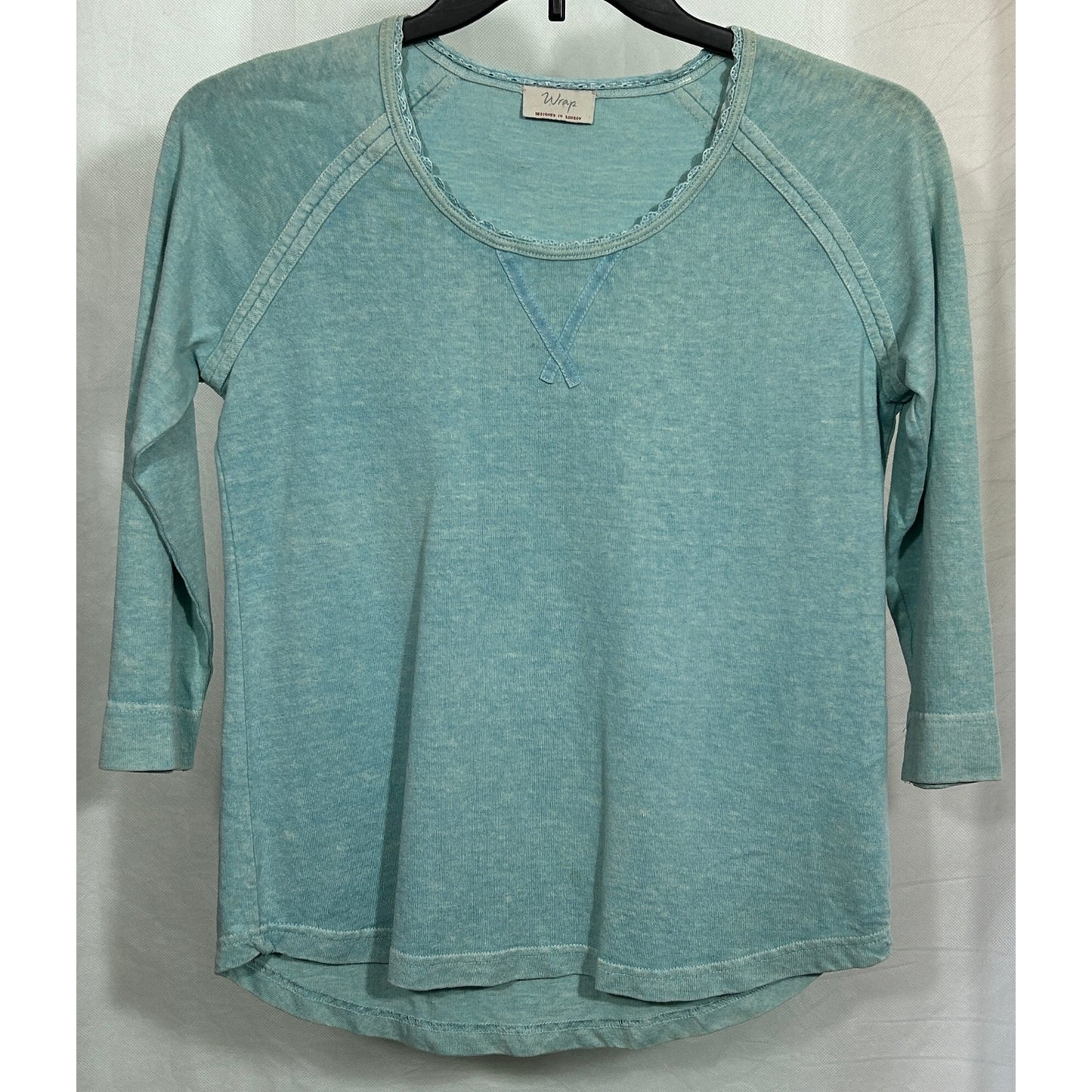 Wrap London Blue Hemp Cotton 3/4 Sleeve Top UK 10 US 6 Casual Pullover