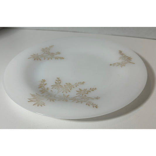 Vintage 9″ Federal Glass Milk Glass Plate with Gold Leaf Botanical Accent