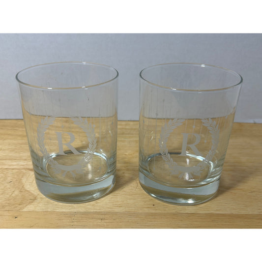 Etched R Monogram Glass Tumblers, Set of 2, 4" Tall, 3.25" Diameter