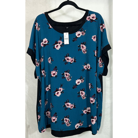 Lane Bryant Floral Mixed Fabric Tunic Top Size 22/24 Teal Black Pink Roses