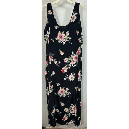 Vintage Express Floral Maxi Dress Size 11/12 Black Pink Sleeveless 90s