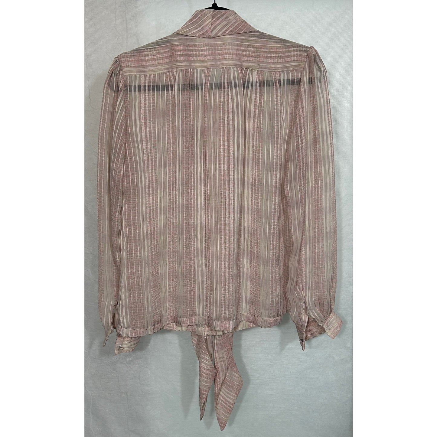 Vintage Shapely Sheer Pink Stripe Pussy Bow Blouse Size 12