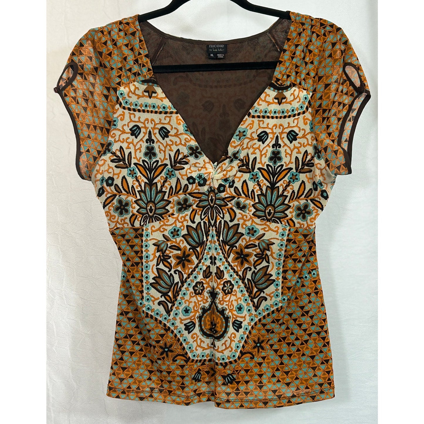 Nicole by Nicole Miller Boho Floral Mesh Top XL Multicolor Sheer Lined