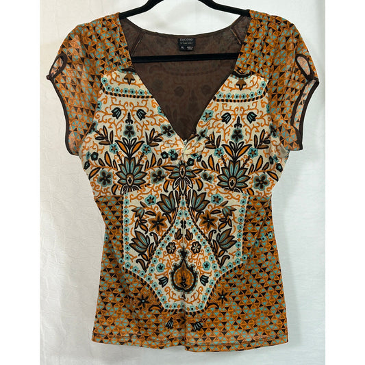 Nicole by Nicole Miller Boho Floral Mesh Top XL Multicolor Sheer Lined