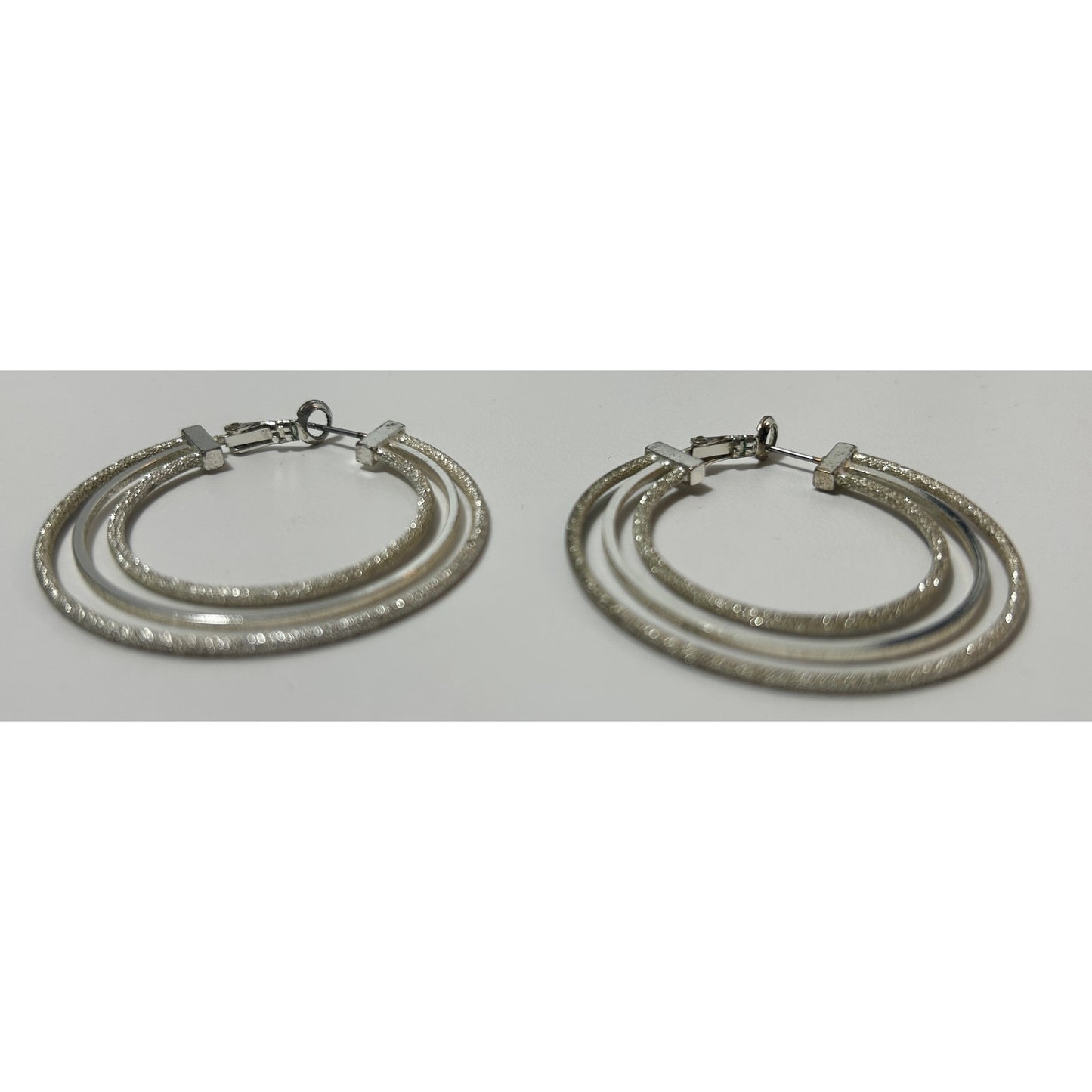 Silver Tone Triple Hoop Earrings Textured & Smooth Interlocking 2"