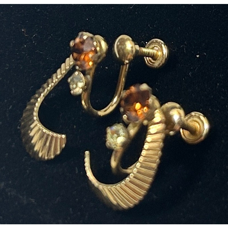 Vintage Van Dell Gold-Tone Screw Back Earrings with Amber Rhinestones