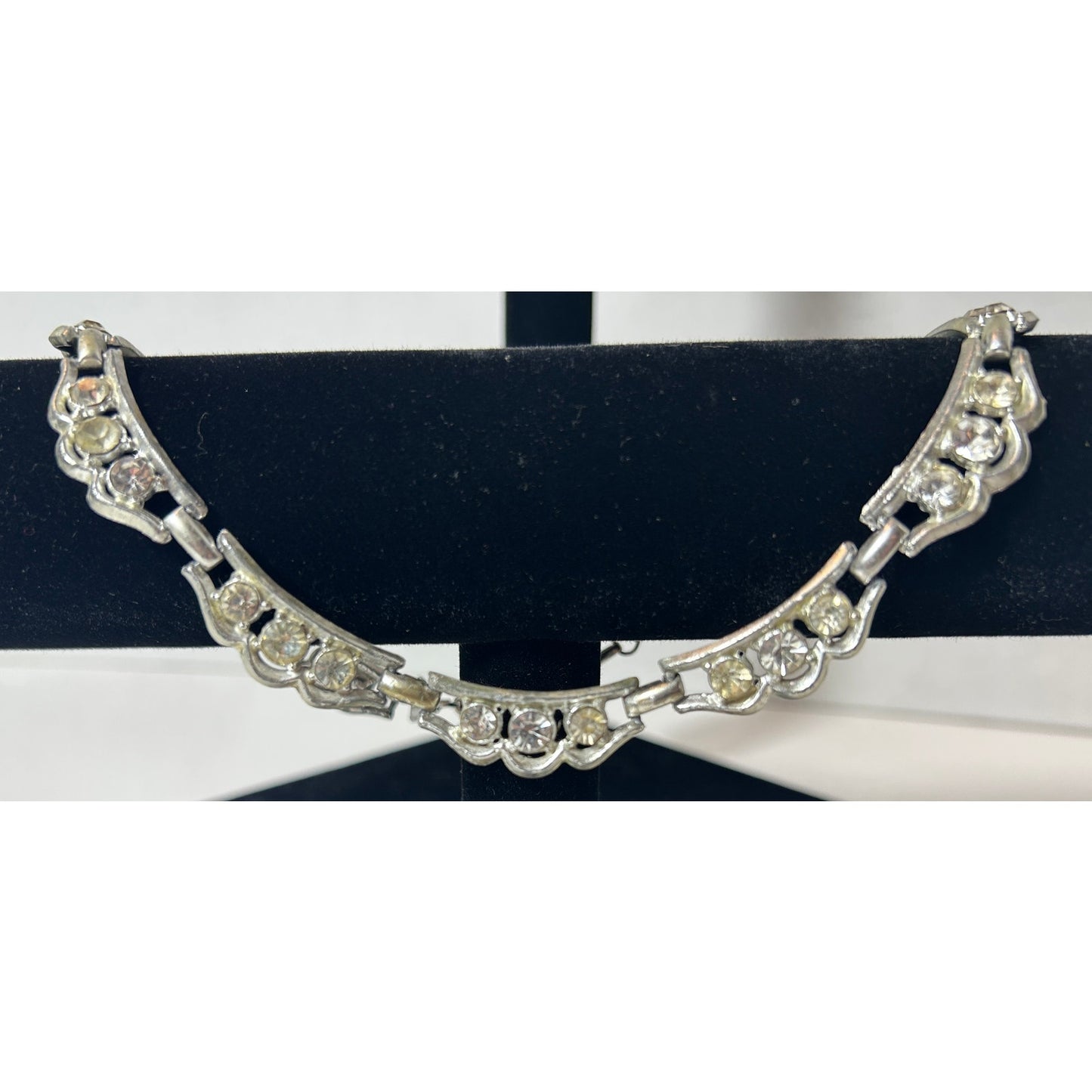 Vintage Silver Tone Rhinestone Choker Necklace 16" Linked Art Deco Style