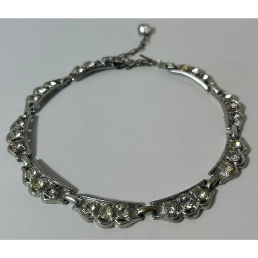 Vintage Silver Tone Rhinestone Choker Necklace 16" Linked Art Deco Style
