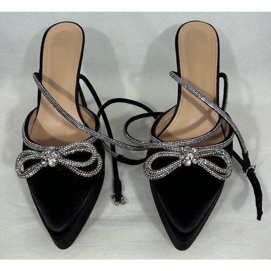 Black Satin Rhinestone Bow Ankle Strap Heels – Size 8.5