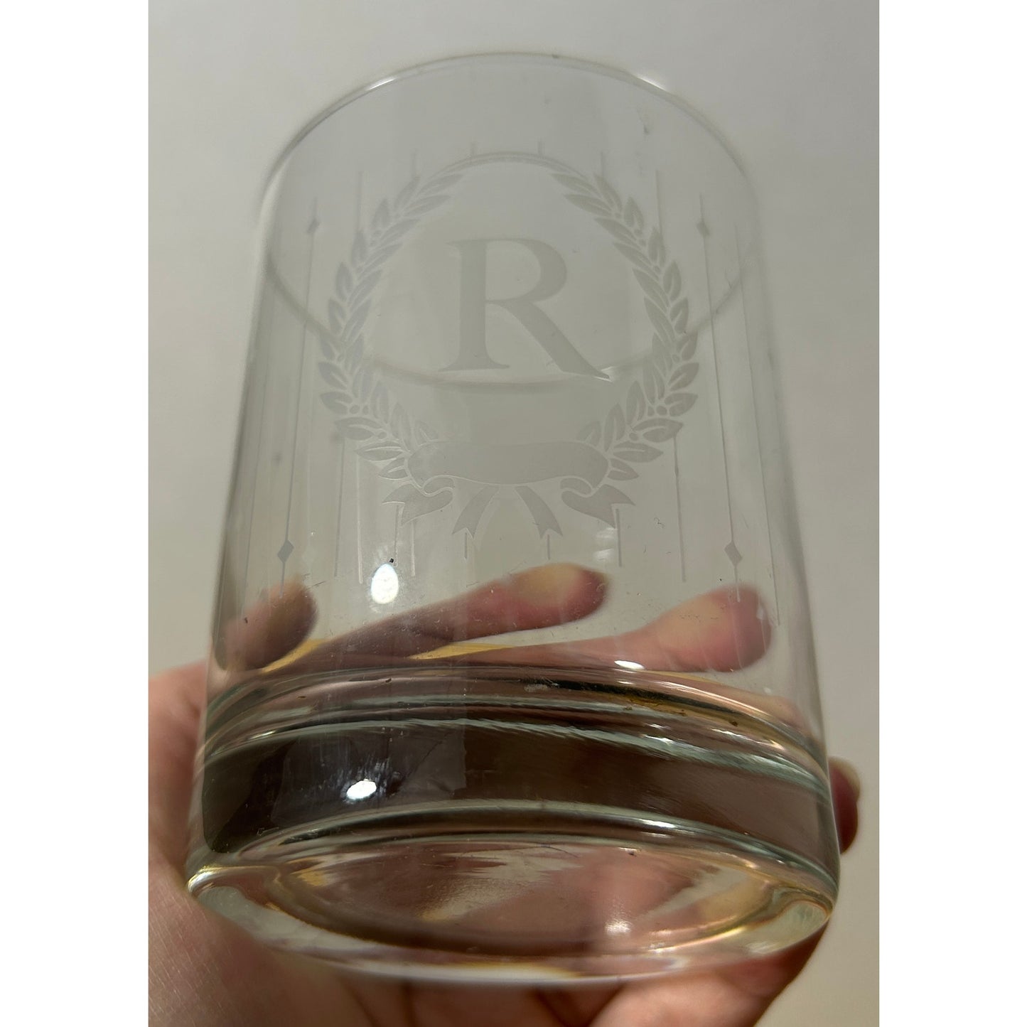 Etched R Monogram Glass Tumblers, Set of 2, 4" Tall, 3.25" Diameter