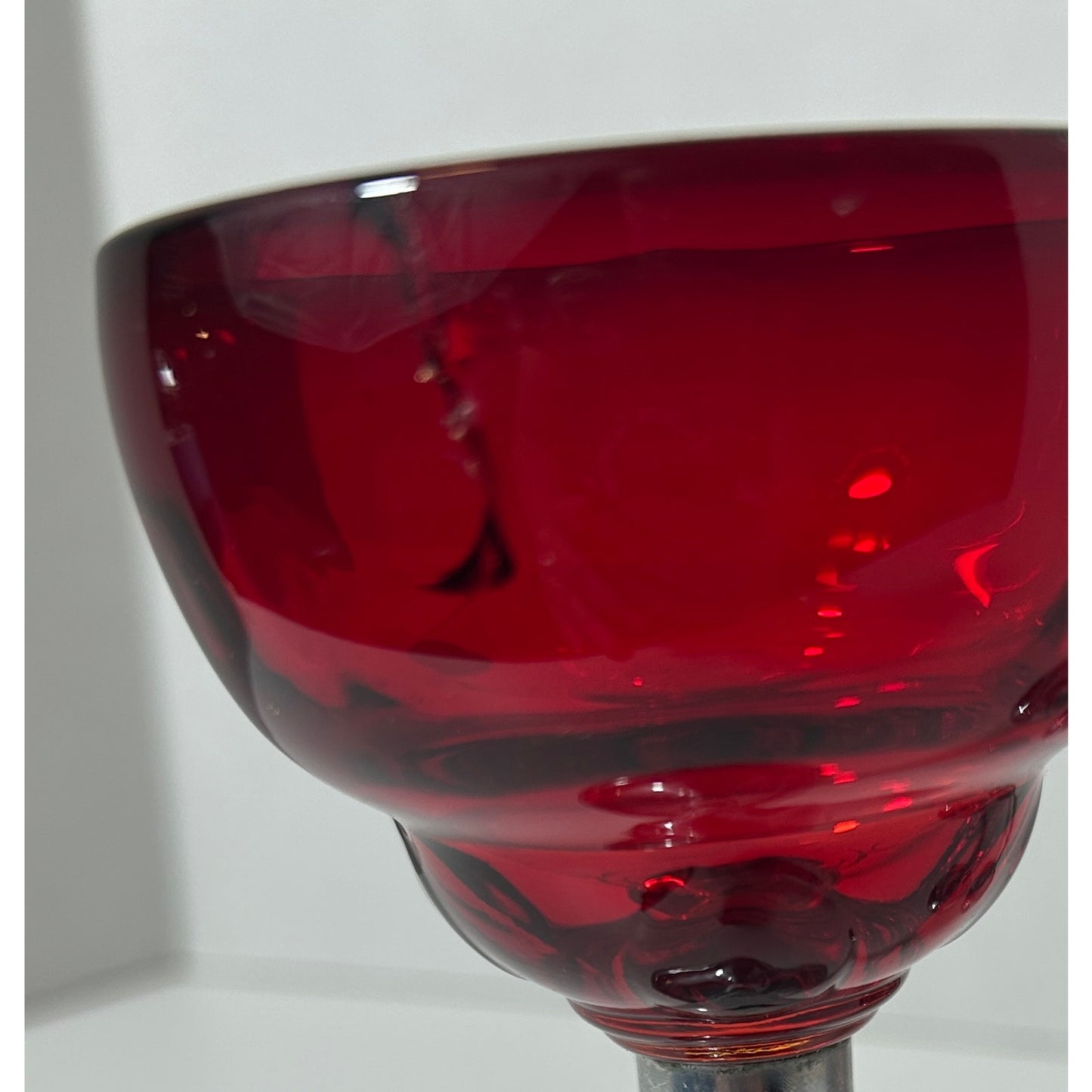 Vintage Ruby Red Cordial Glasses with Silver Metal Stems – Set of 4, 5.25"