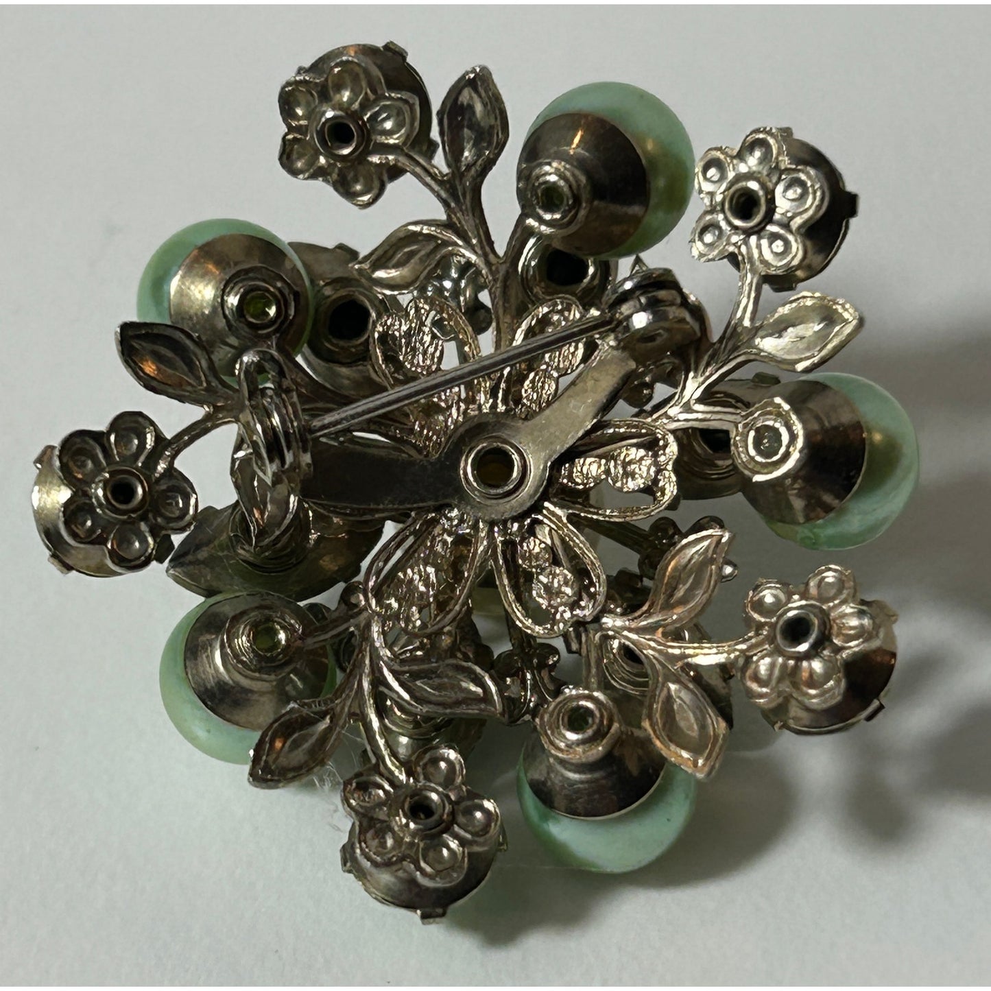 Vintage Green Rhinestone Faux Pearl Floral Brooch Pin 1.5"