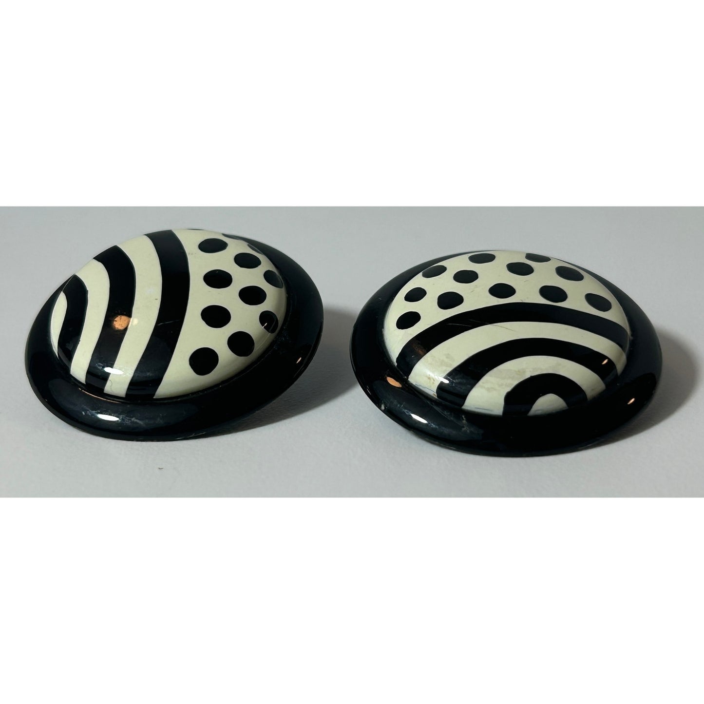 Vintage Black White Polka Dot Stripe Clip-On Earrings Retro Mod 1.75"