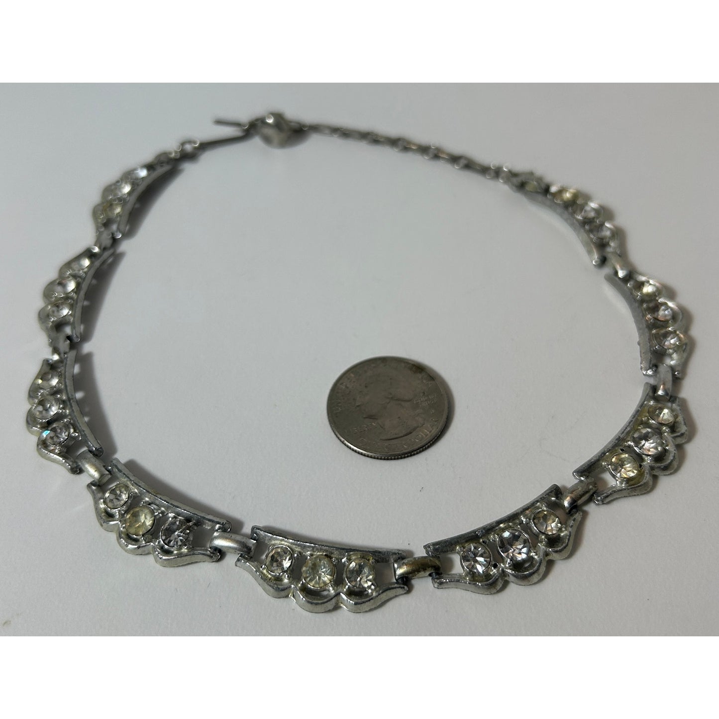 Vintage Silver Tone Rhinestone Choker Necklace 16" Linked Art Deco Style