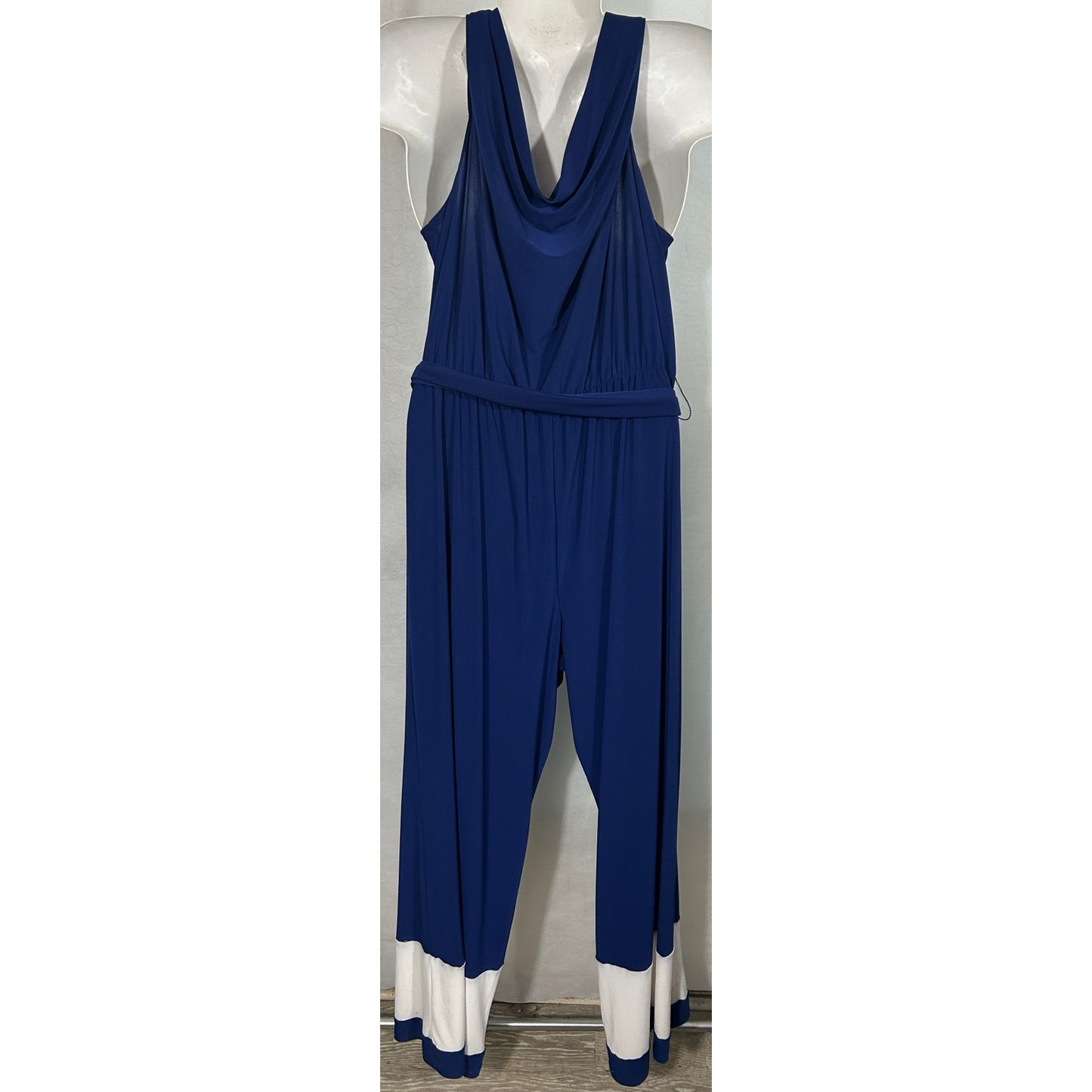 ESY Studio Blue Drape Jumpsuit XL Cowl Neck Belted Colorblock Legs USA