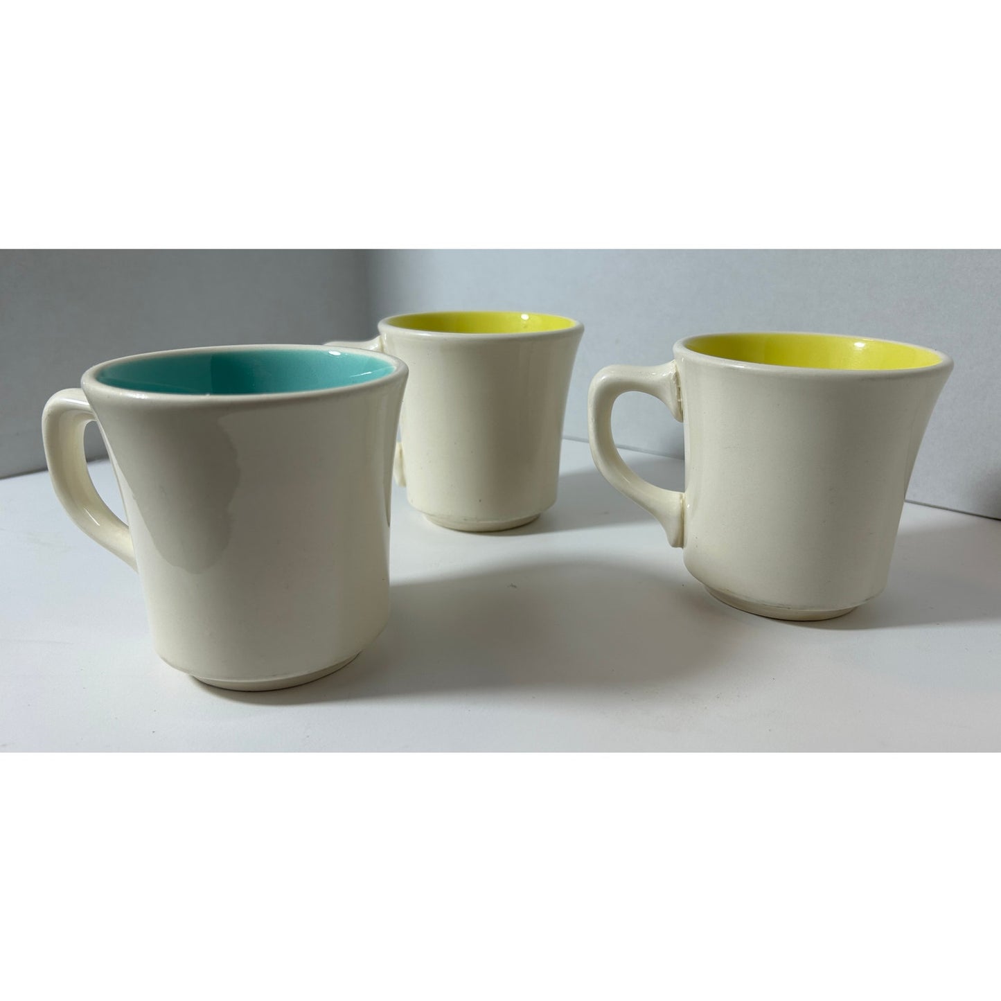Set of 3 White Ceramic Mugs with Bright Yellow & Aqua Interiors, 3.5″