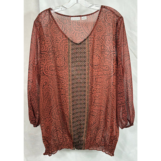 Liz Claiborne Sheer Paisley Blouse Burnt Red Brown XL Boho Peasant Style