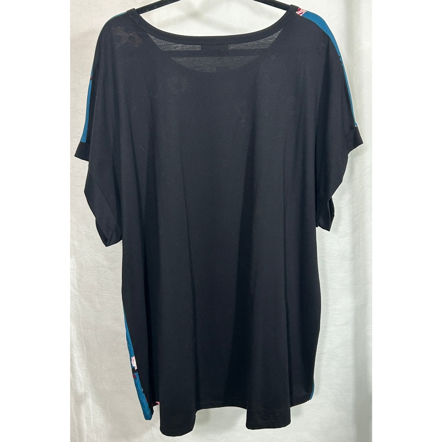 Lane Bryant Floral Mixed Fabric Tunic Top Size 22/24 Teal Black Pink Roses