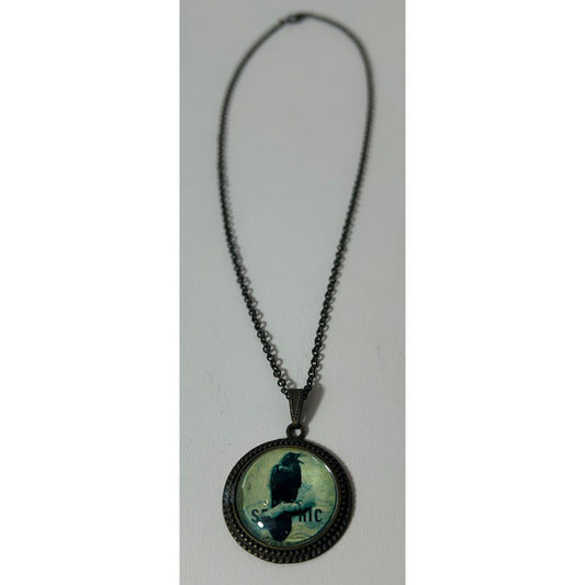 Vintage-Inspired Glass Dome Raven Pendant Necklace with Brass Chain, 21.25"