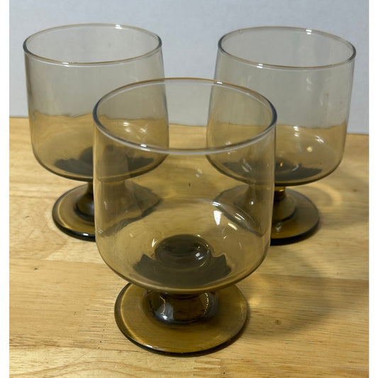 Libbey Tawny Accent Smoke Glass Goblets – Set of 3 Vintage Footed Glasses