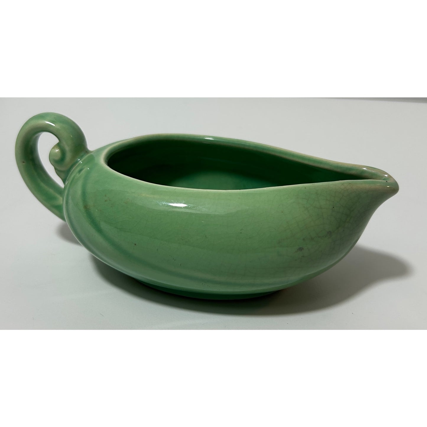 Vintage Green Crackle Glaze Pottery Gravy Boat with Swirl Handle