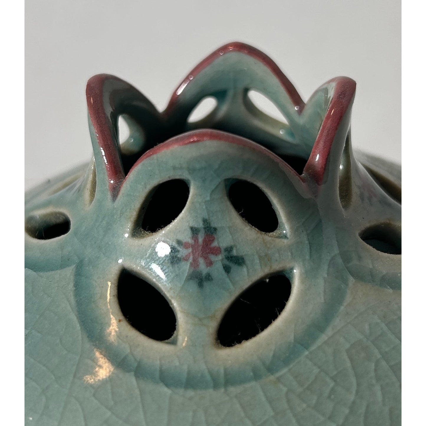 Vintage Japanese Celadon Crackle Glaze Vase with Floral Cutout Design 7"