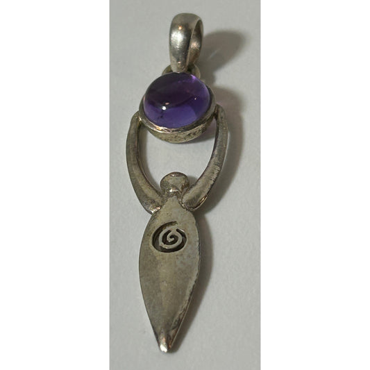 Vintage Sterling Silver Goddess Pendant with Amethyst Cabochon 2.5"