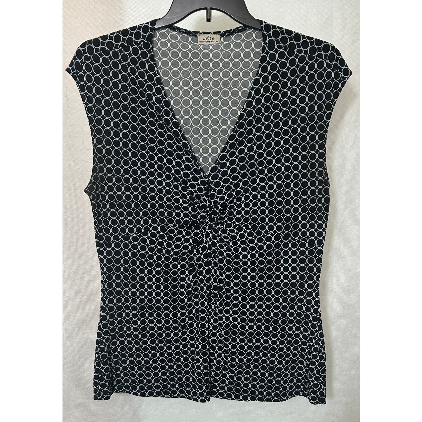 CDW Creative Design Works Black White Circle Print Top Size L Ruched Front