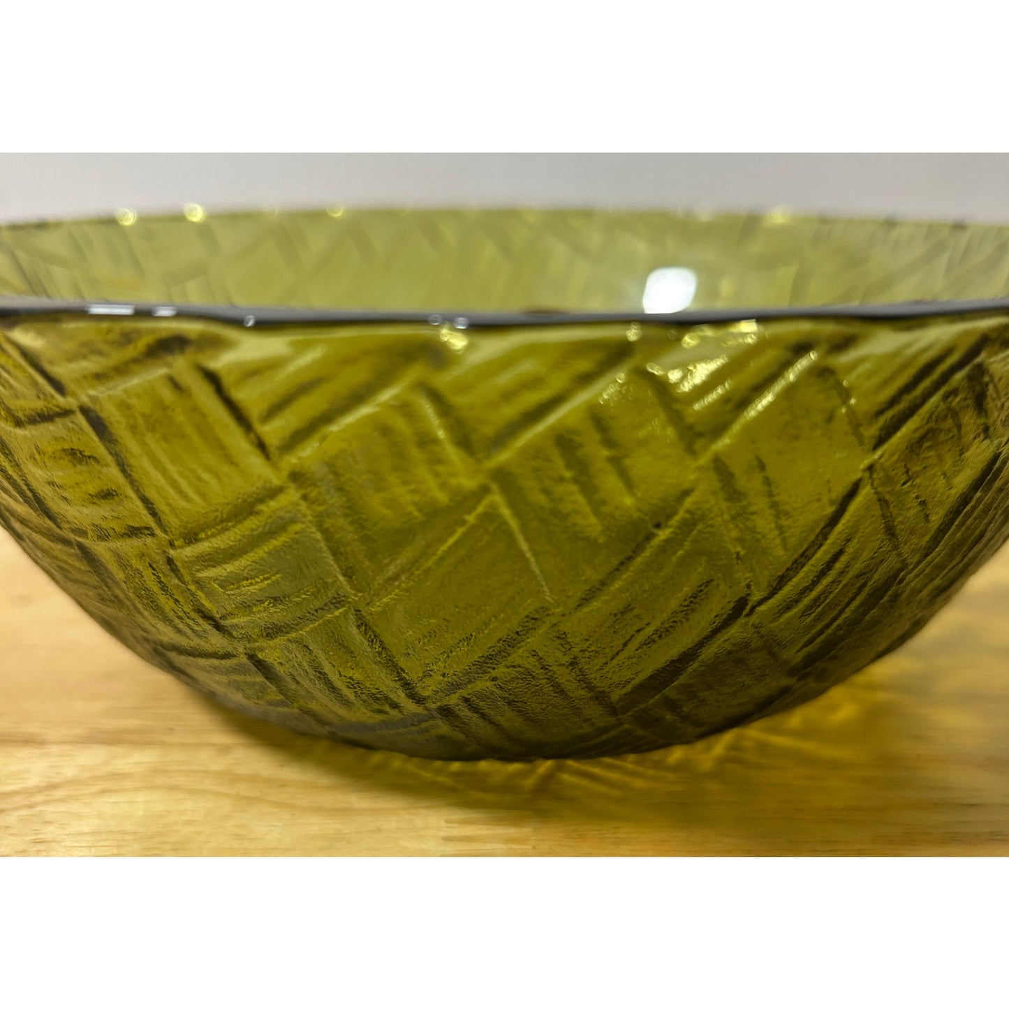 Vintage Green Glass Basketweave Textured Bowl, 9″ Diameter, 3″ Tall