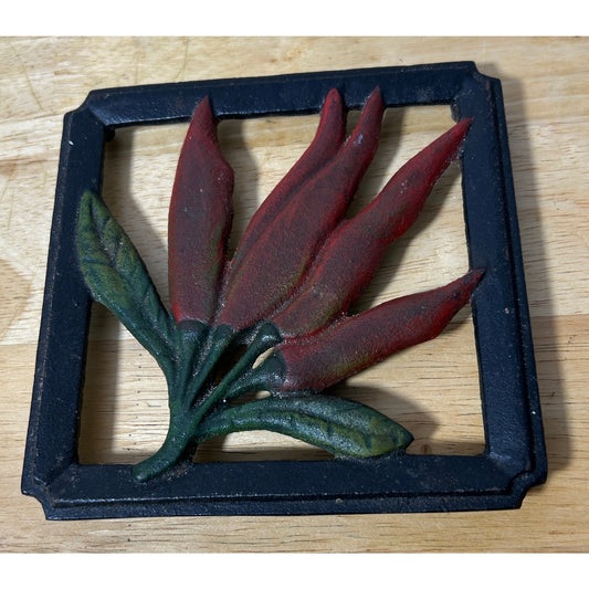 Vintage Cast Iron Chili Pepper Trivet – Red & Green Hand-Painted 5.75” Square