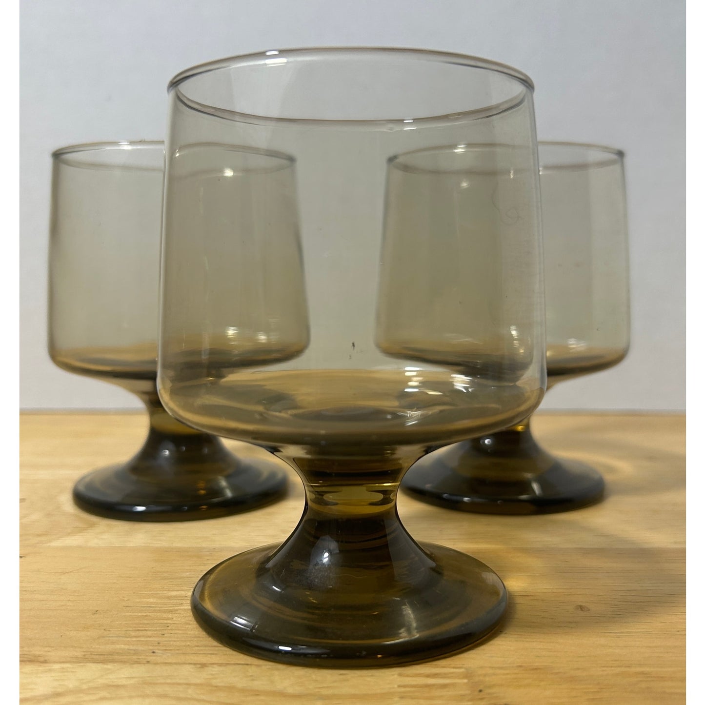 Libbey Tawny Accent Smoke Glass Goblets – Set of 3 Vintage Footed Glasses