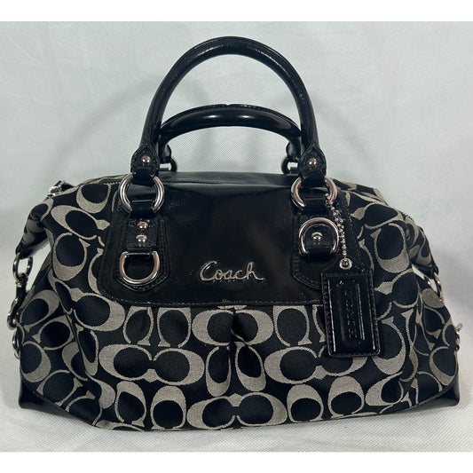 Coach Signature Canvas & Leather Satchel Bag Black Silver Hardware 15″ x 8″