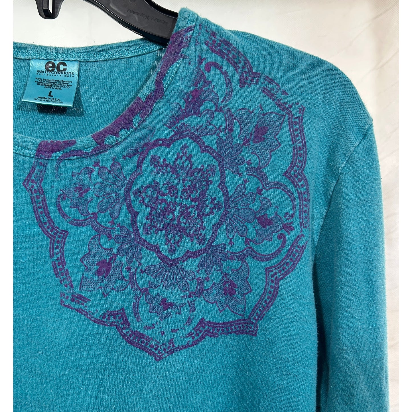 Earth Creations Hemp Organic Cotton Long Sleeve Shirt Teal Mandala Print L
