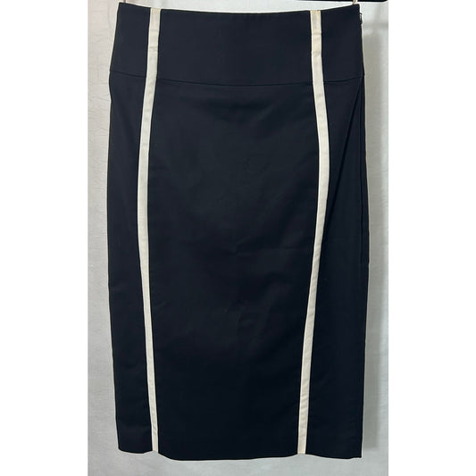Karen Millen Black Pencil Skirt White Trim Size 6 Side Zip 14x27 Cotton Blend