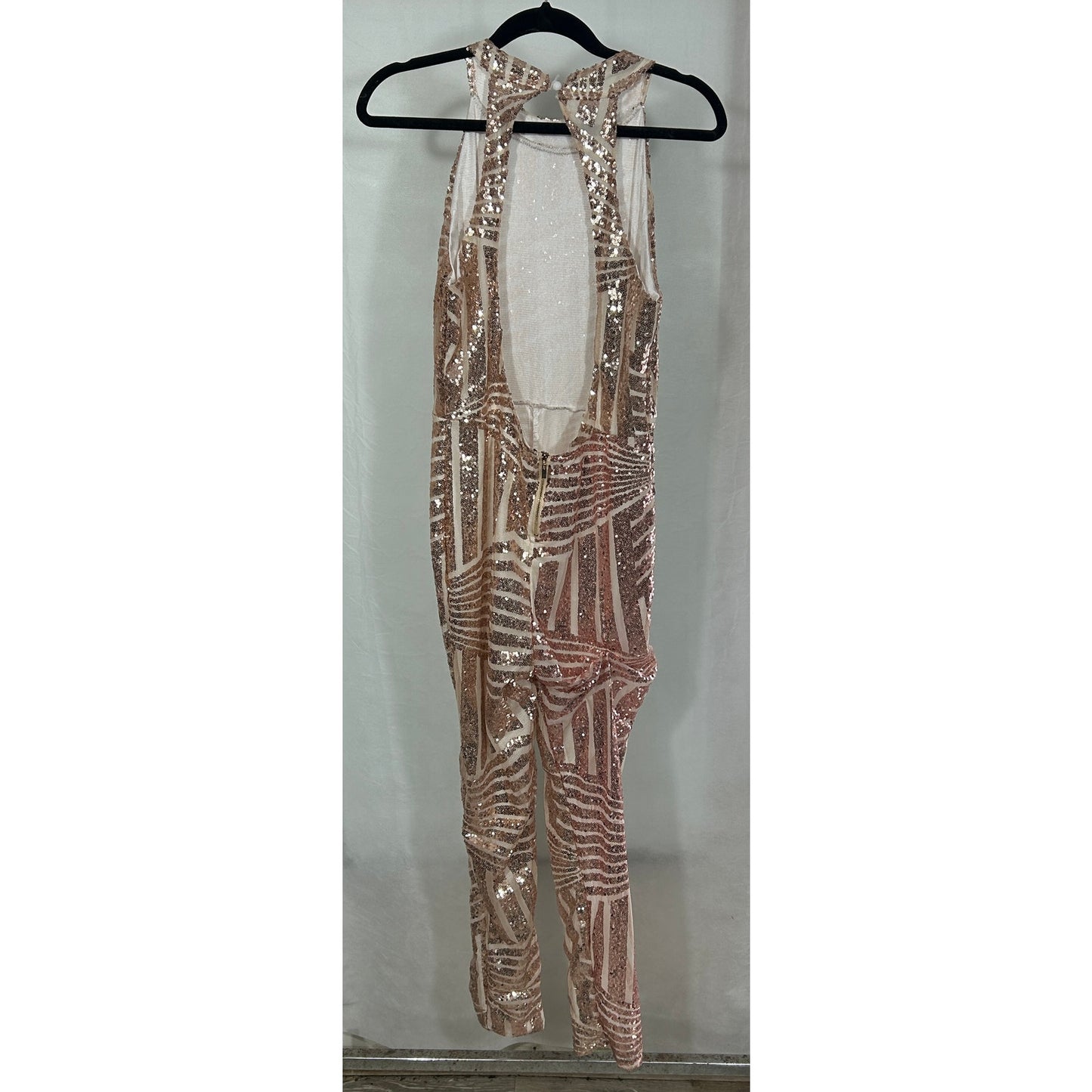Rose Gold Sequin Jumpsuit XL Handmade Backless Evening Romper 53" Long