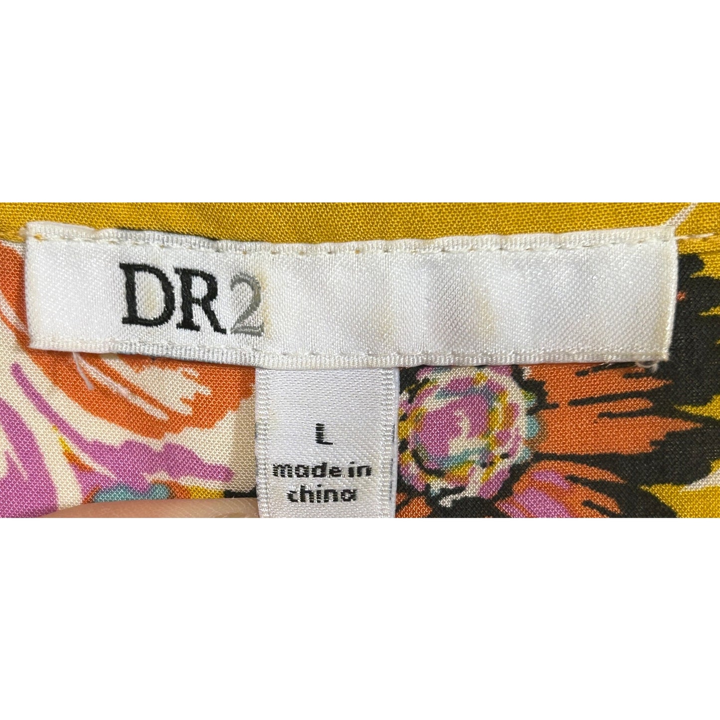 DR2 Yellow Floral Boho Blouse L | Rayon Short Sleeve Button Front Top