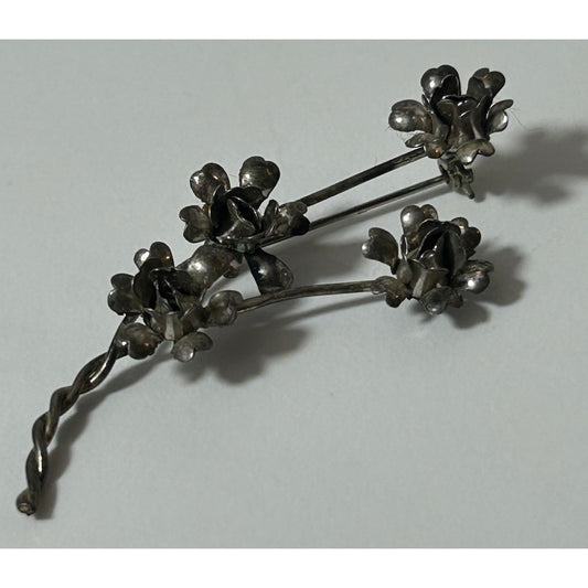 Vintage Sterling Silver Floral Bouquet Brooch Pin 3D Roses 3" x 1.5"