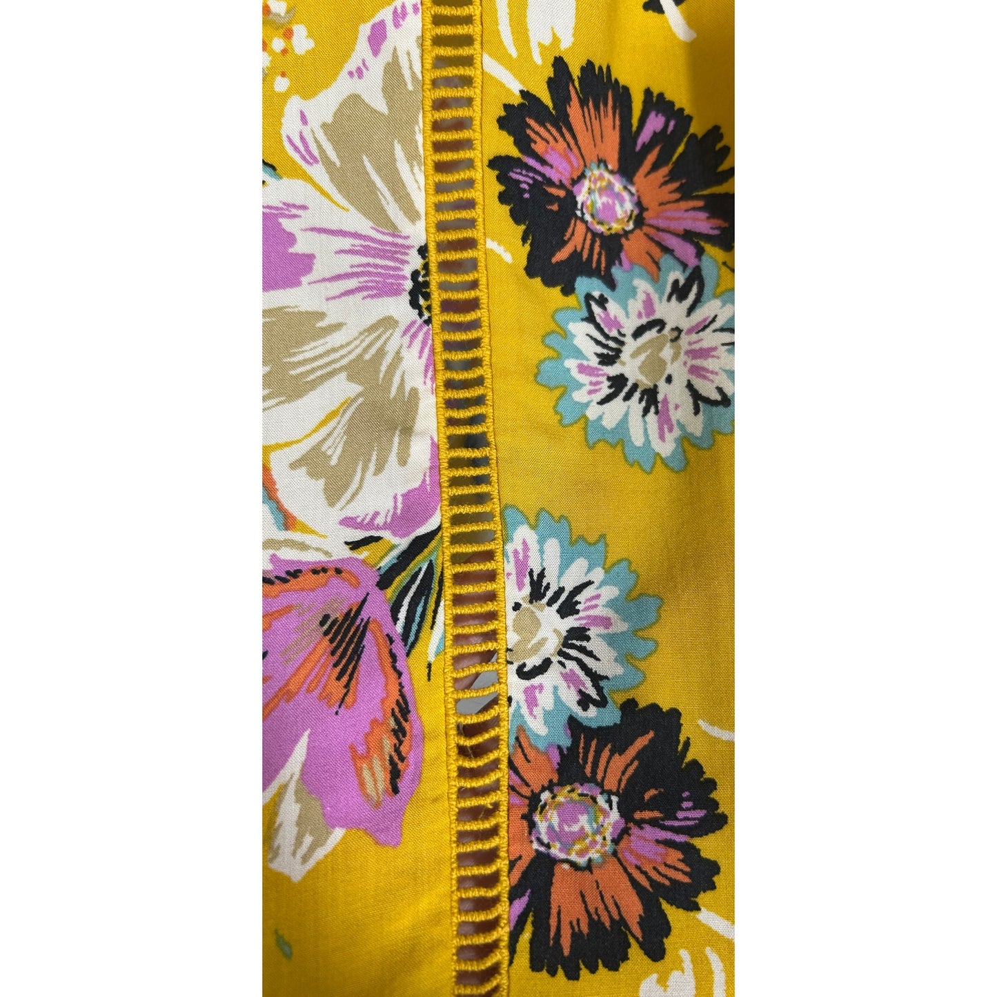 DR2 Yellow Floral Boho Blouse L | Rayon Short Sleeve Button Front Top