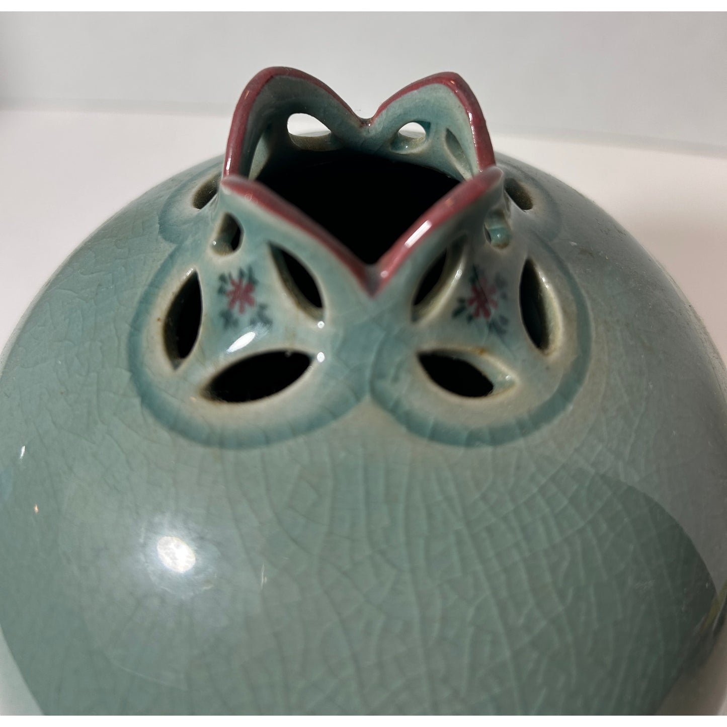 Vintage Japanese Celadon Crackle Glaze Vase with Floral Cutout Design 7"