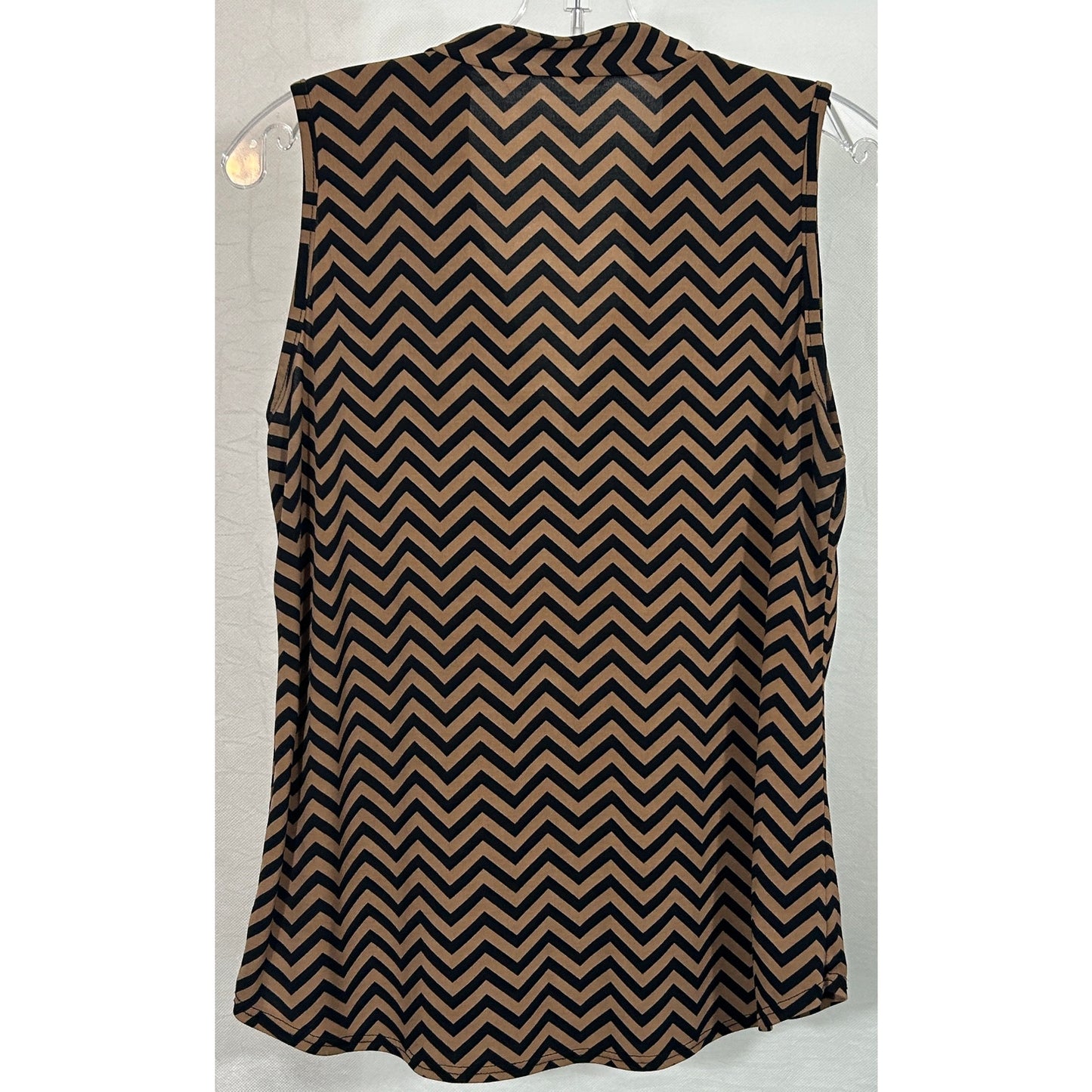 Claudia Richard Chevron Print Sleeveless Blouse Black Tan Size L