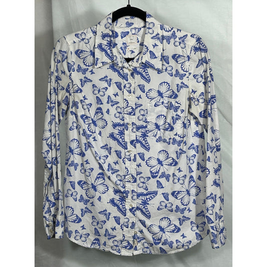 Gap Fitted Boyfriend Shirt XS Blue Butterfly Print 100% Cotton