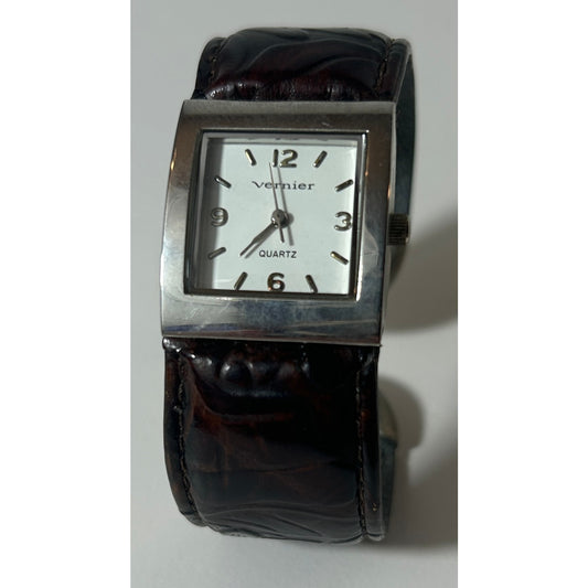 Vernier Women’s Quartz Watch Brown Tooled Leather Cuff Band