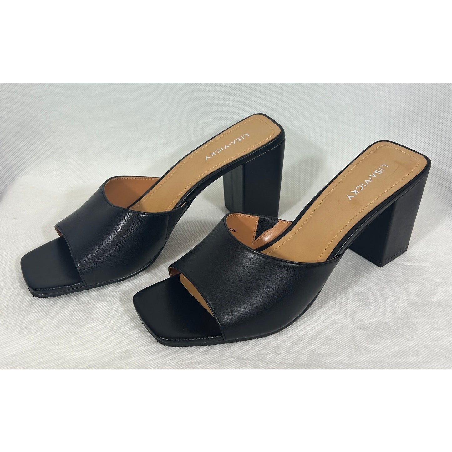 Lisa • Vicky Black Square‑Toe Slide Heels Size 9.5M – Chunky Block Heel